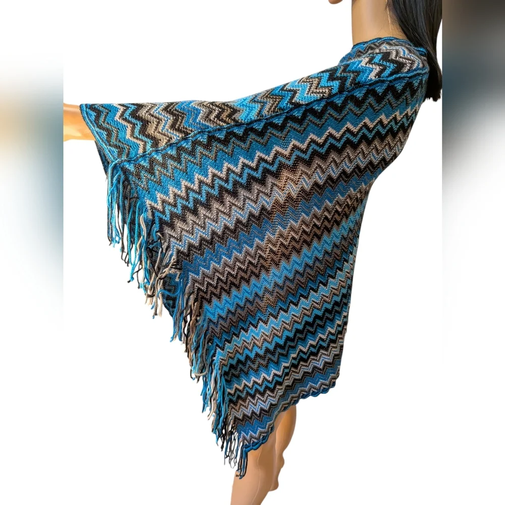 Loose Knit Poncho Sweater Turquoise & Black With Fringes